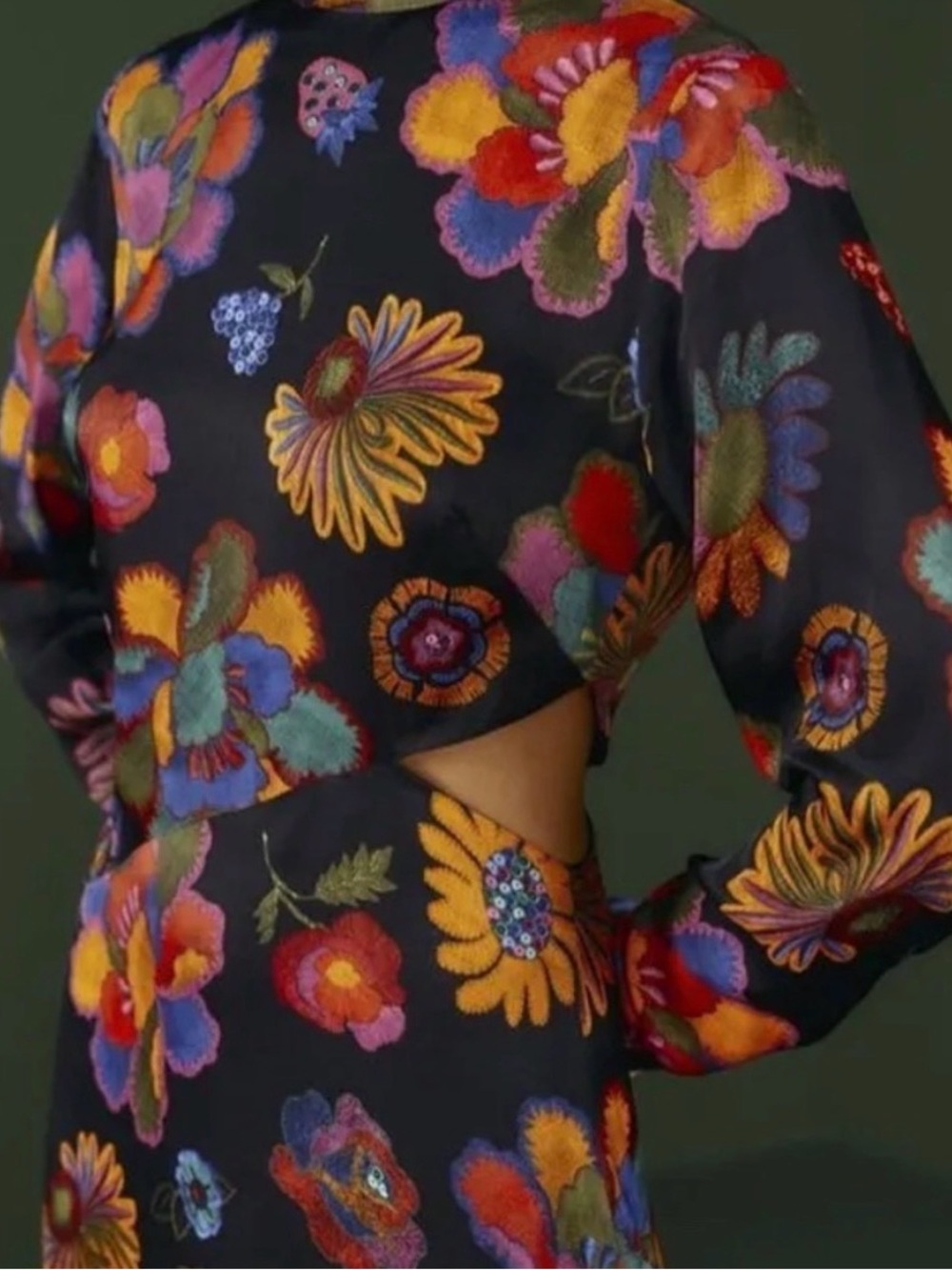 Farm Rio “Lily’s Garden” Long-Sleeve Midi dress Floral Size Large w/ Cutout NWT - Picture 2 of 11